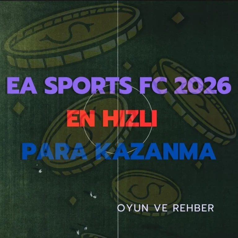 Koyu yeşil renkli, madeni para çizimleri barındıran futbol sahası arka planı üzerinde mor renkli EA SPORTS FC 2026, kırmızı renkli EN HIZLI, mavi renkli PARA KAZANMA ve sağ altta beyaz renkli OYUN VE REHBER yazısı.