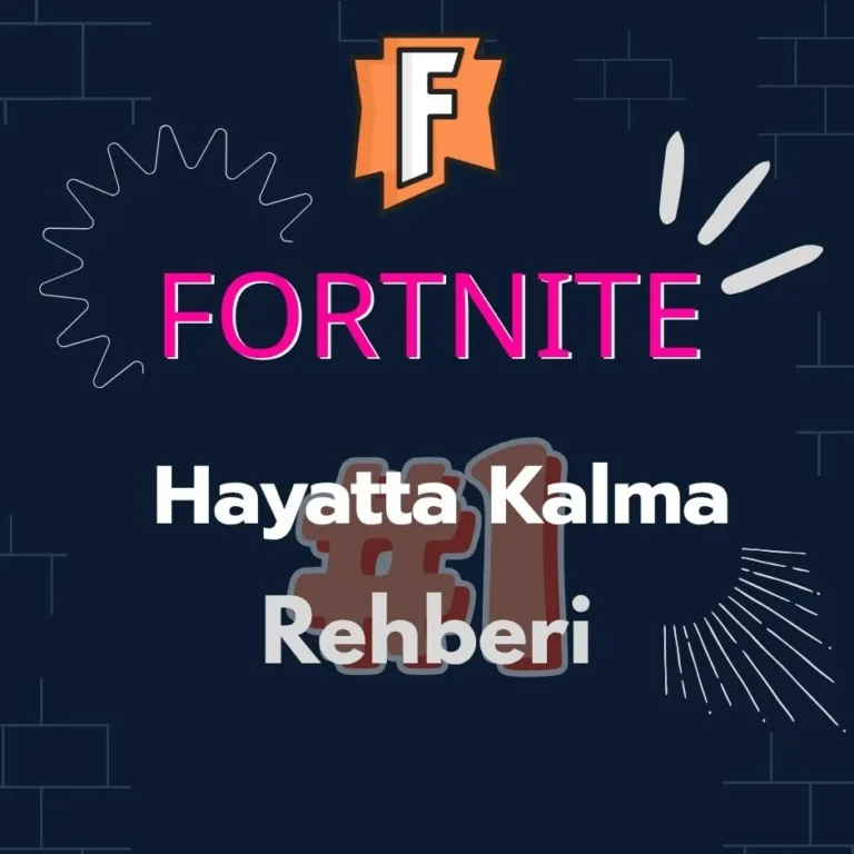 Koyu mavi tuğla desenli arka plan üzerinde turuncu zeminli beyaz F logosu, pembe FORTNITE, beyaz Hayatta Kalma Rehberi yazısı ve beyaz çizimler.