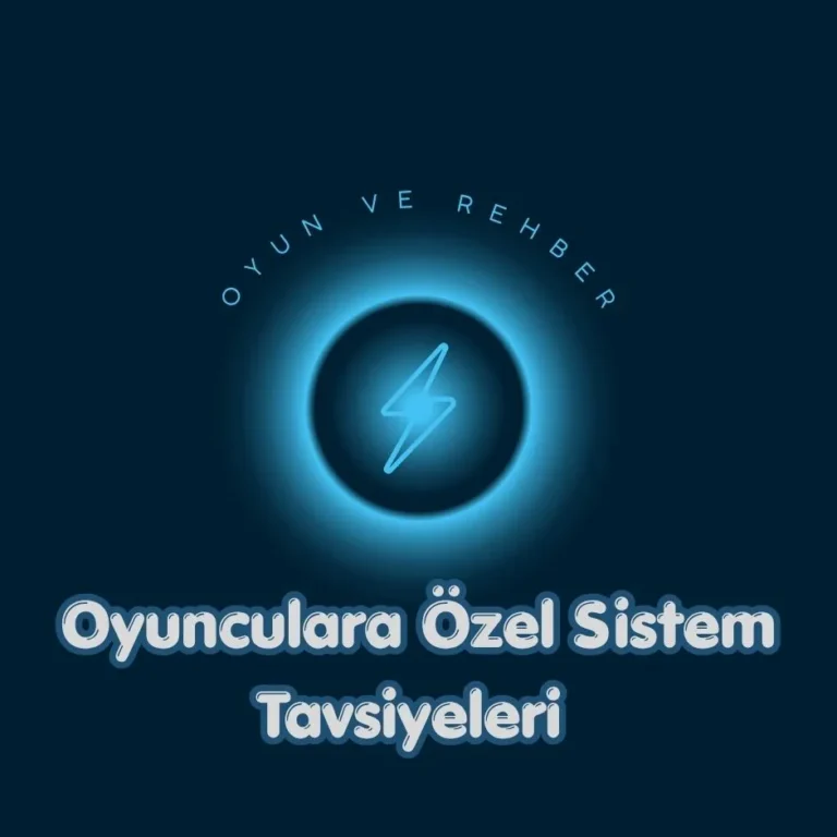 Koyu mavi arka plan üzerinde mavi ışıkla parlayan bir daire içinde şimşek amblemi, üstünde kavisli şekilde yazılmış beyaz OYUN VE REHBER, altında ise beyaz renkli Oyunculara Özel Sistem Tavsiyeleri yazısı.