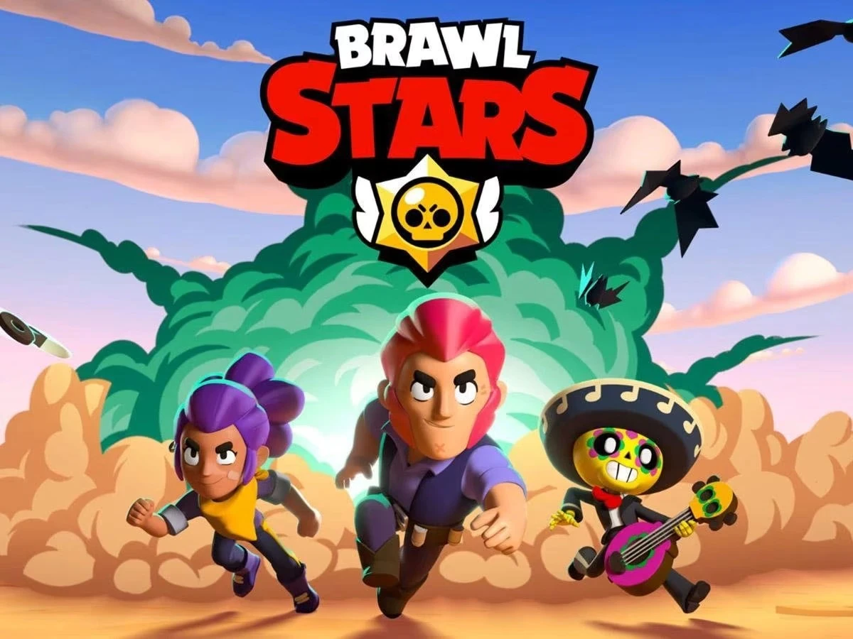 Brawl Stars oyun logosu ve Shelly, Colt, Poco karakterleri.