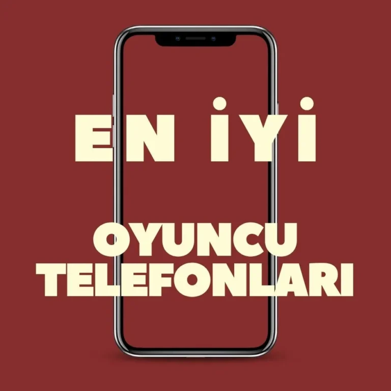 Koyu kırmızı arka plan üzerinde dikey konumlandırılmış akıllı telefon çiziminin önünde büyük, kalın beyaz harflerle EN İYİ OYUNCU TELEFONLARI yazısı.