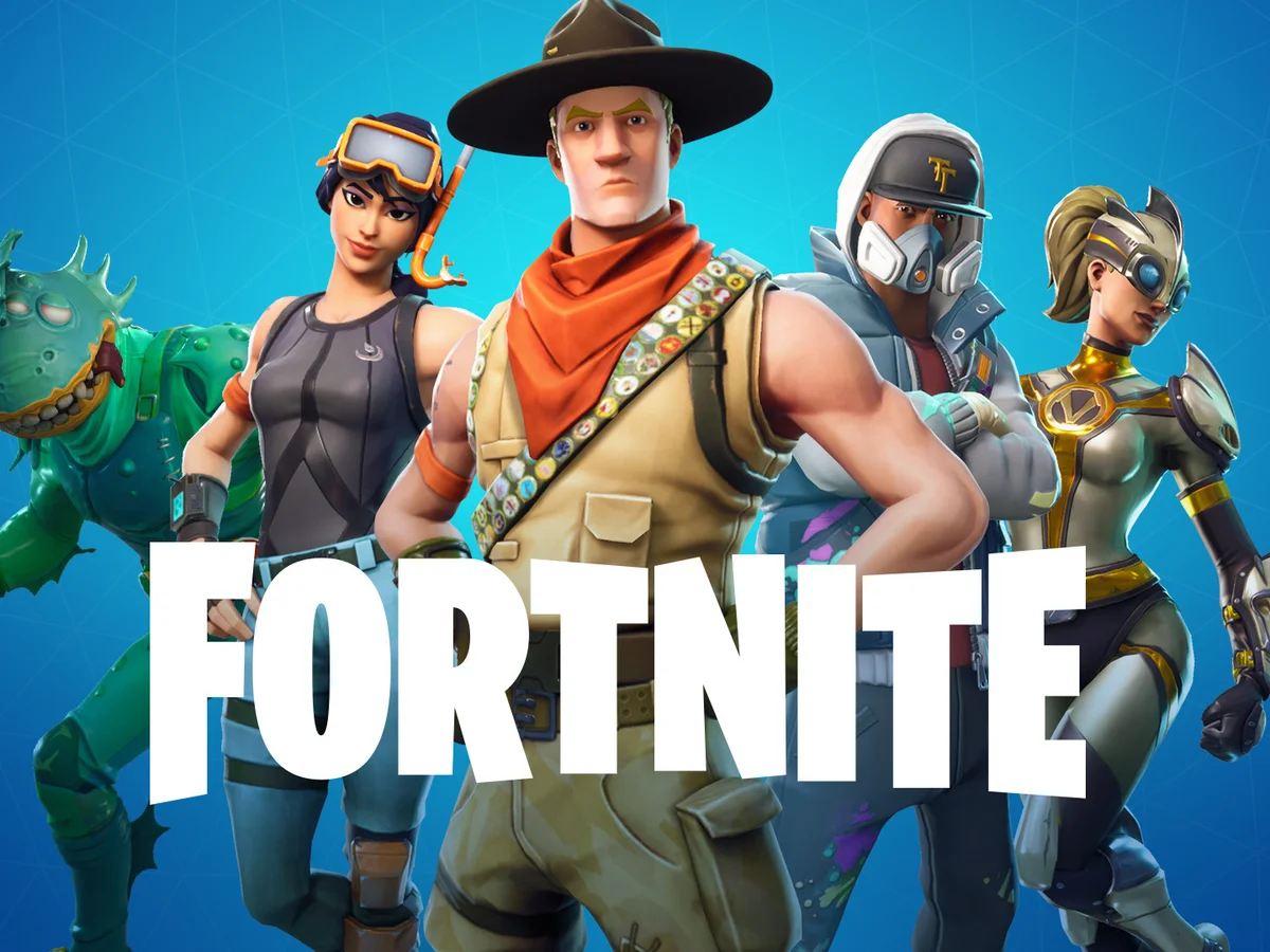 Mavi arka plan önünde Fortnite logosu ve oyun karakterleri.