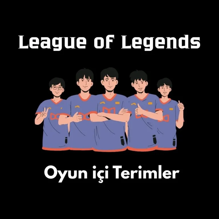 Siyah arka plan üzerinde mavi ve turuncu üniformalı beş e-spor oyuncusu çiziminin üstünde beyaz renkli League of Legends, altında ise yine beyaz renkli Oyun içi Terimler yazısı.