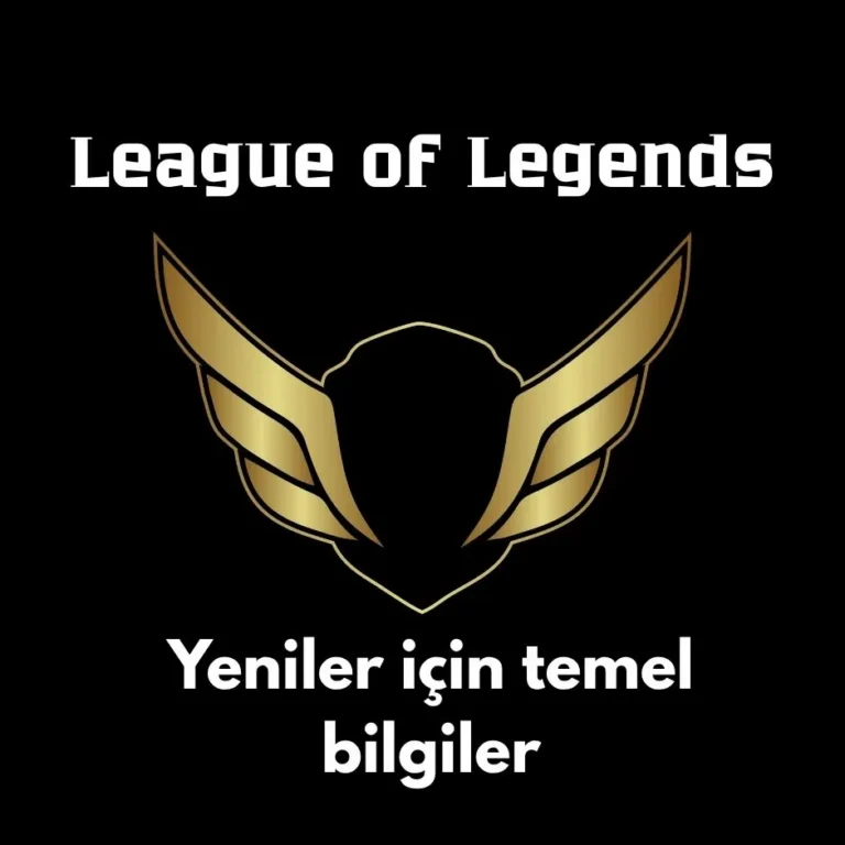 Siyah arka plan üzerinde altın sarısı renkli kanatlı bir kalkan ambleminin üstünde beyaz renkli League of Legends, altında ise yine beyaz renkli Yeniler için temel bilgiler yazısı.