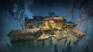 Valorant Abyss haritası uçurum kenarındaki yeraltı tesisi genel görünümü.