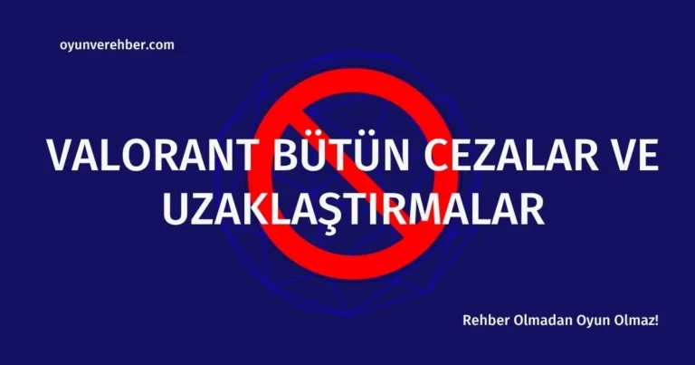 Koyu mavi arka plan üzerinde kırmızı renkli "yasak" işareti sembolü, ortada büyük beyaz harflerle VALORANT BÜTÜN CEZALAR VE UZAKLAŞTIRMALAR, sol üstte oyunverehber.com ve sağ altta Rehber Olmadan Oyun Olmaz! yazısı.