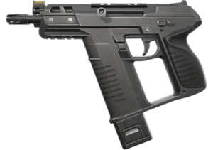 Valorant Frenzy otomatik tabanca varsayılan siyah görünümü ile siyah arka plan önünde.