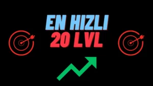 Siyah arka plan üzerinde sağda ve solda kırmızı renkli hedef tahtası sembolleri, altta yukarı yönlü yeşil grafik oku, ortada ise mavi renkli EN HIZLI ve kırmızı renkli 20 LVL yazısı.