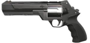 Valorant Sheriff revolver tabanca varsayılan siyah görünümü ile siyah arka plan önünde.