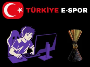 Bilgisayarda oyun oynayan e-sporcu çizimi, Türkiye E-Spor logosu ve şampiyonluk kupası.