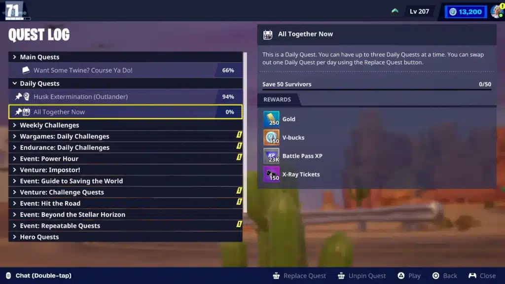 Fortnite Dünyayı Kurtar V-Papel veren günlük görev örneği.