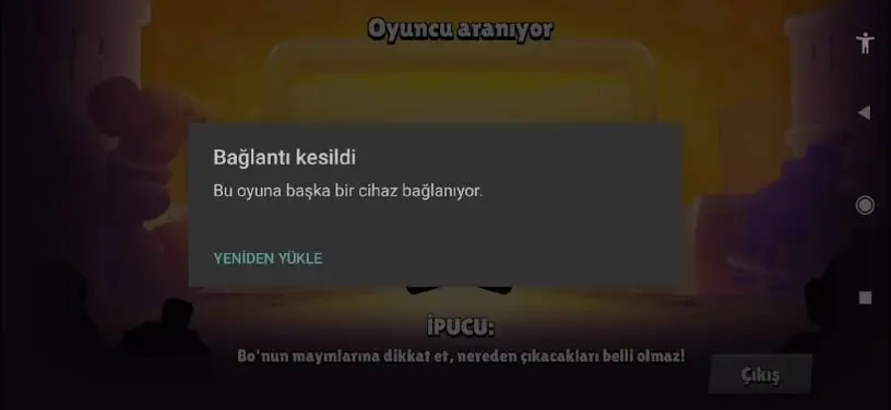 Brawl Stars bağlantı kesildi bu oyuna başka bir cihaz bağlanıyor hatası ekranı.