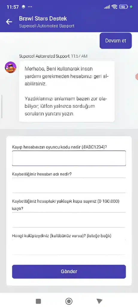 Brawl Stars çalınan hesap nasıl kurtarılır rehberinde istenen oyuncu bilgileri ekranı.