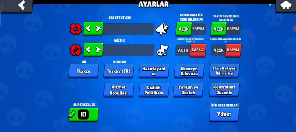 Brawl Stars ayarlar menüsü ve yardım ve destek butonu ekranı.