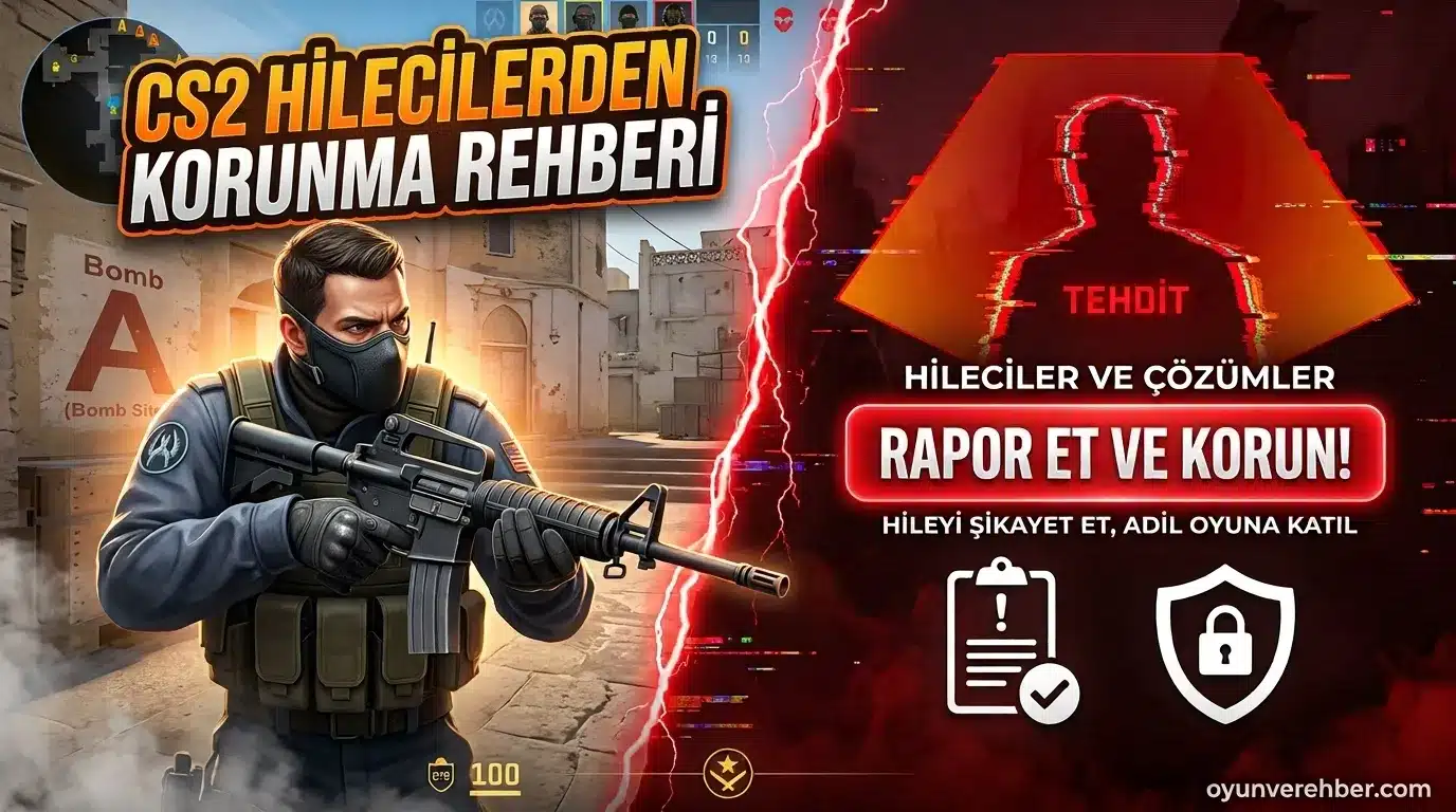 CS2 hilecilerden korunma rehberi kapak görseli, oyuncu ve tehdit bildirim paneli.