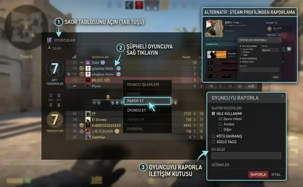 CS2'de şüpheli oyuncuyu oyun içinden raporlama ekranı.