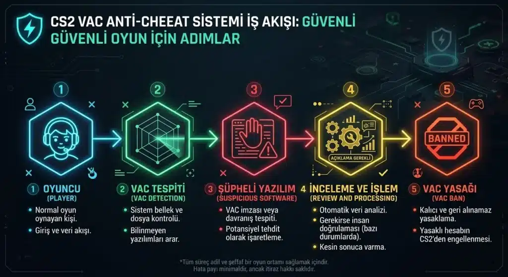 CS2'de VAC anti-hile sisteminin genel çalışma sürecini gösteren görsel.