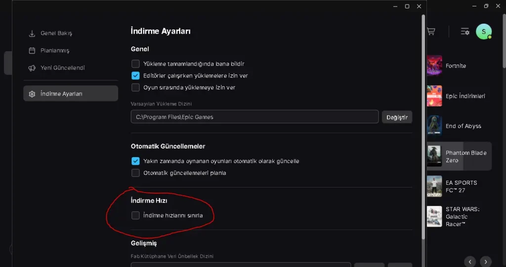 Epic Games Launcher indirme ayarları ve indirme hızını sınırla seçeneği.