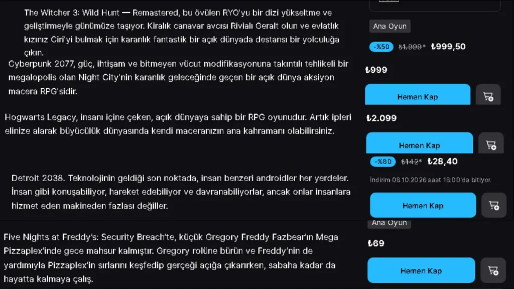 Epic Games Store oyun fiyatları ve TL cinsinden indirim listesi.