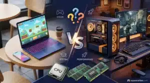 Laptop ve masaüstü PC karşılaştırması ile CPU, RAM ve SSD donanımları.