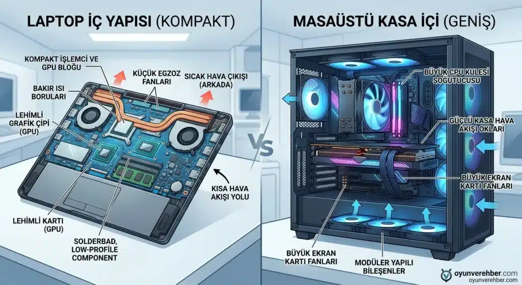 Laptop mu masaüstü mü? Donanım ve soğutma karşılaştırmasında cihazların iç yapısı, CPU, GPU ve soğutma sistemleri.