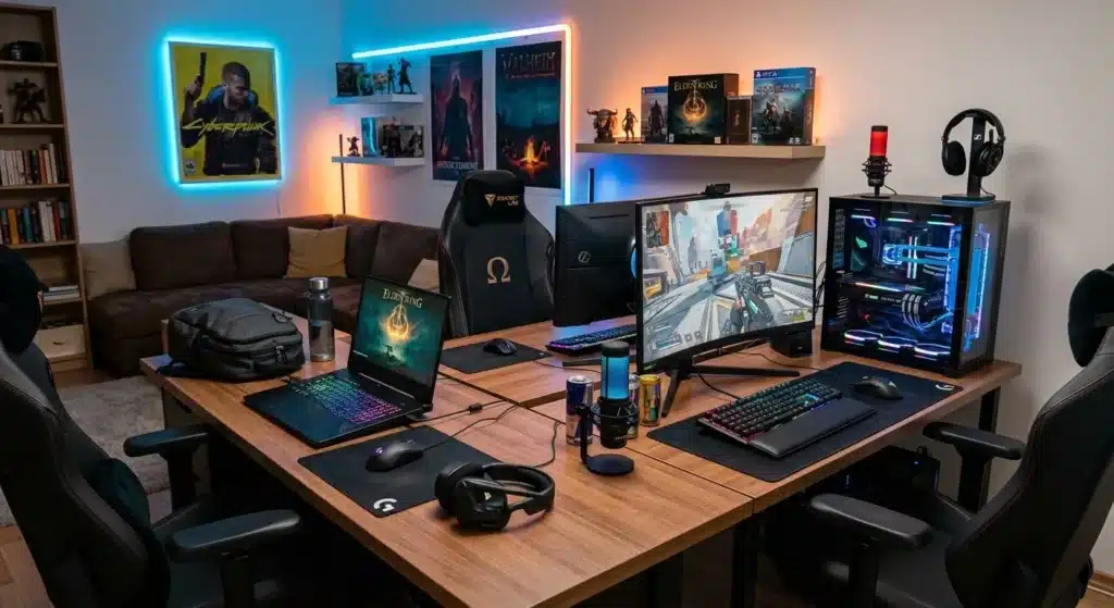Modern, RGB LED aydınlatmalı bir oyun odasında, ahşap U-şeklinde bir masa üzerinde, sol tarafta dizüstü bilgisayar (Elden Ring yüklü) ve fare, sağ tarafta kavisli monitör, sıvı soğutmalı masaüstü PC kasası, mikrofon ve klavye içeren iki kişilik profesyonel oyuncu kurulumu. Arka planda oyun posterleri (Cyberpunk 2077, Valheim), kitaplık ve figür rafları ile bir köşe kanepe görülmektedir.