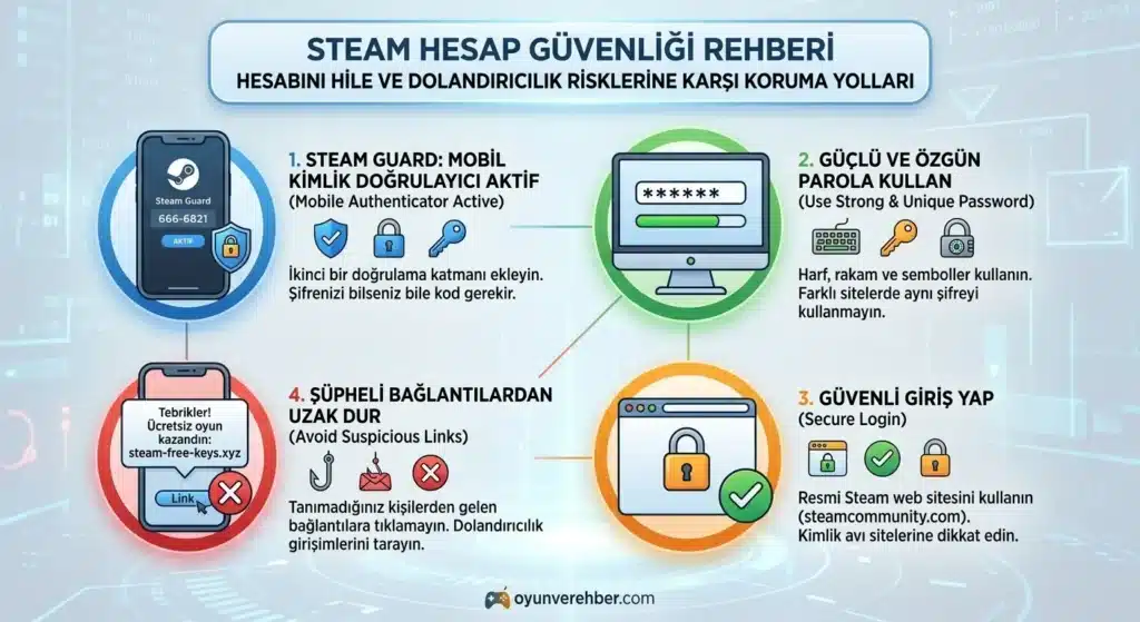 CS2 hilecilerden nasıl kurtuluruz sorusuna karşılık steam hesabını hile ve dolandırıcılık risklerine karşı koruma yolları.