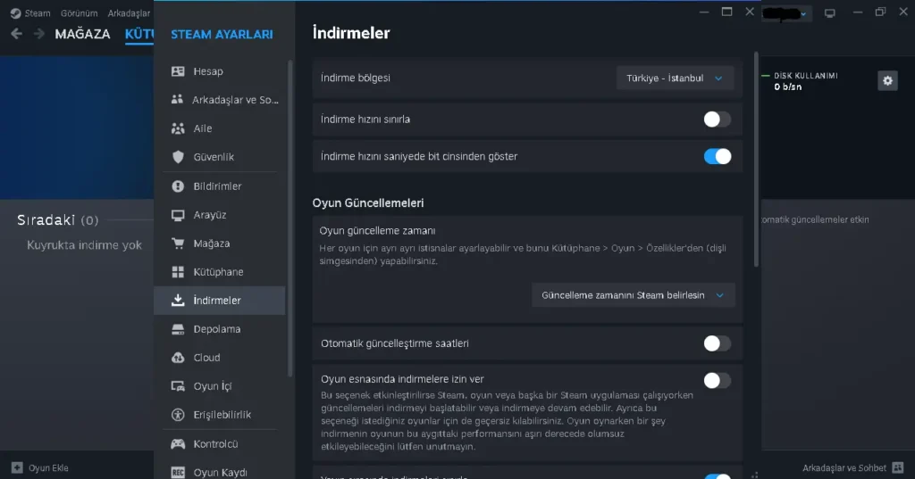 Steam indirme bölgesi ve indirme ayarları menüsü ekran görüntüsü.
