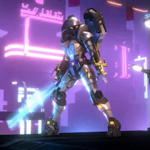 MOBA oyunları nedir rehberinde neon ışıklar altında zırhlı robotik karakter.